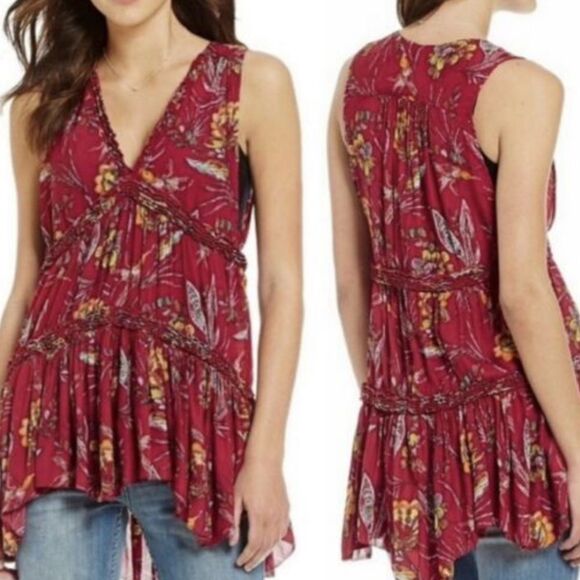 Women's Free People Red Floral Hummingbird Print Ruffle Tiered Tunic Tank Top S - Picture 2 of 12